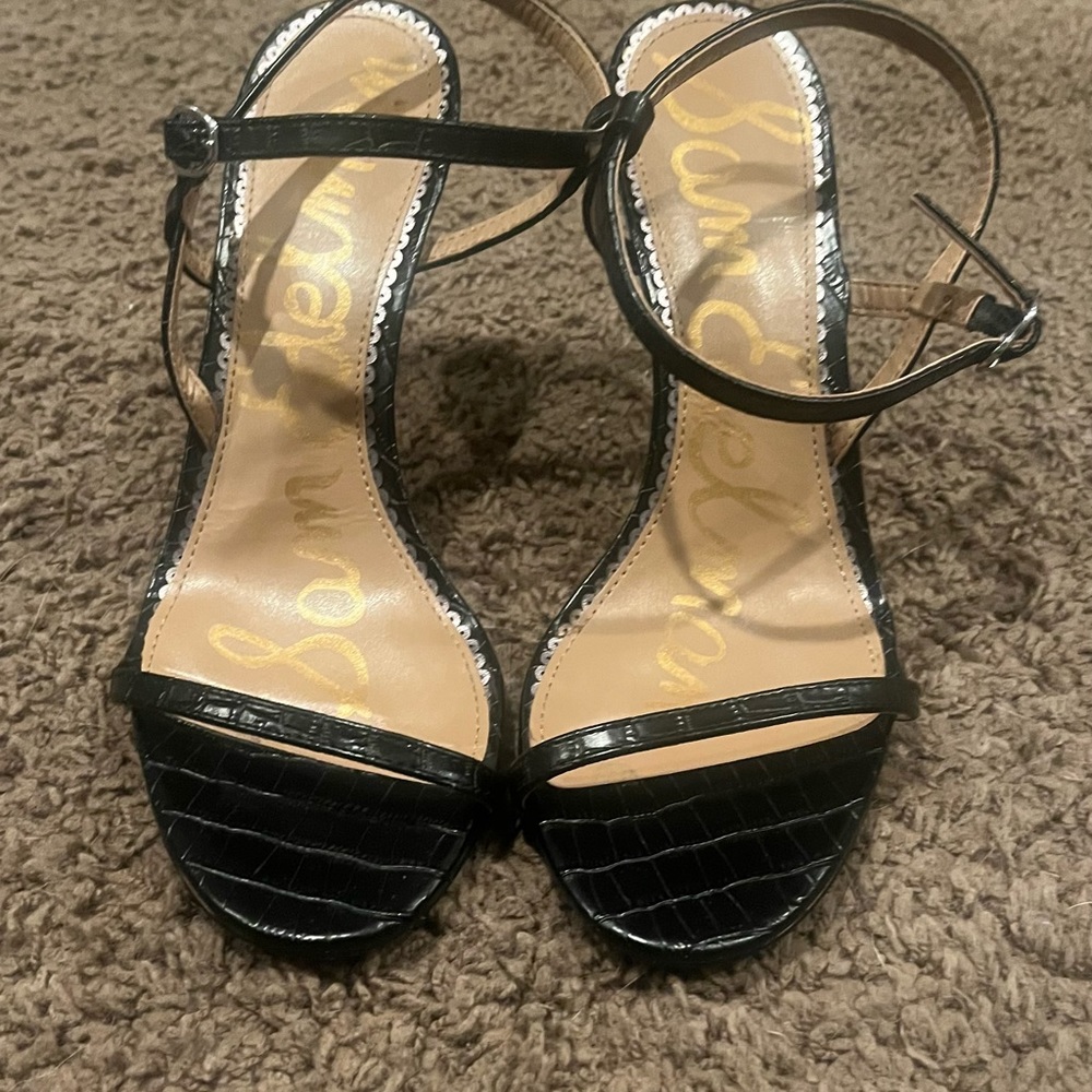 Sam Edelman Dara Black Croc Embossed Patent Stiletto Heel Sandals Sz 9